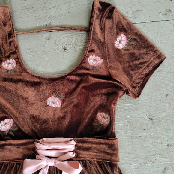 HONEY BELLE | Copper Brown Velvet Floral Fit And Flare Scoop Neck Corset Dress L - Picture 16 of 16